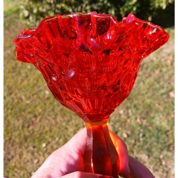 Vtg Fenton Fiery Amberina Ruffled Thumbprint Pedestal Compote Candy Dish Tagged - Picture 4 of 6